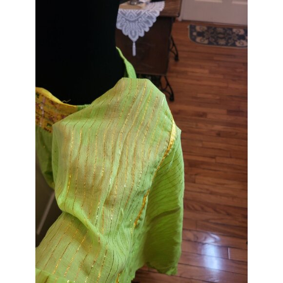Green/Yellow Metallic Gold Jeweled Boho Midi Skirt L Hippie Gypsy Festival - Picture 9 of 9